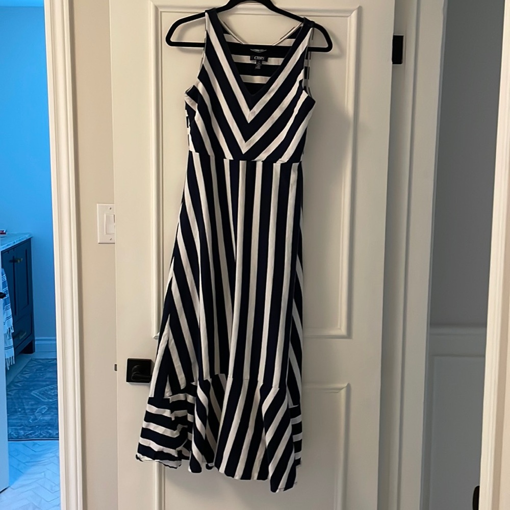 Chaps navy blue & white striped cotton dress with stretch
